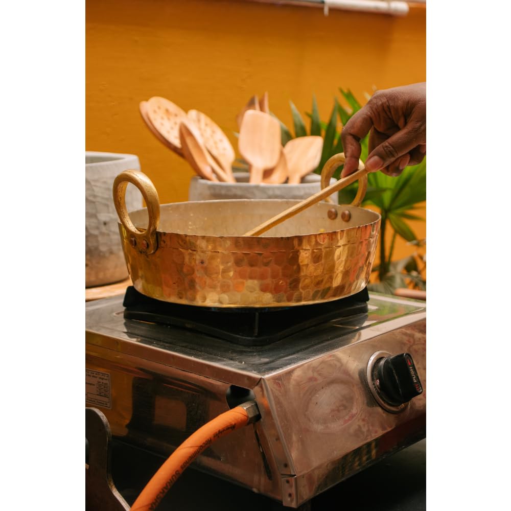 Zishta Handcrafted Brass Jalebi Pan β Traditional Kadai | Dual Handle | Tin Coating Inside | Perfect for Jalebi, Curries & Deep Frying | 2L | Hand Beaten Artisan Brass 1