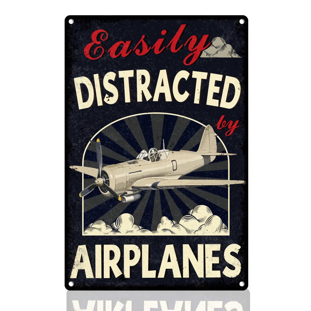 DOODLREAM Funny Aircraft Tin Sign 30 x 20 cm Easily Distracted By Airplanes Wall Decor Aviation Military Metal Sign Vintage Wall Poster for Man Cave Home Bar Cafe Club Decor Gift