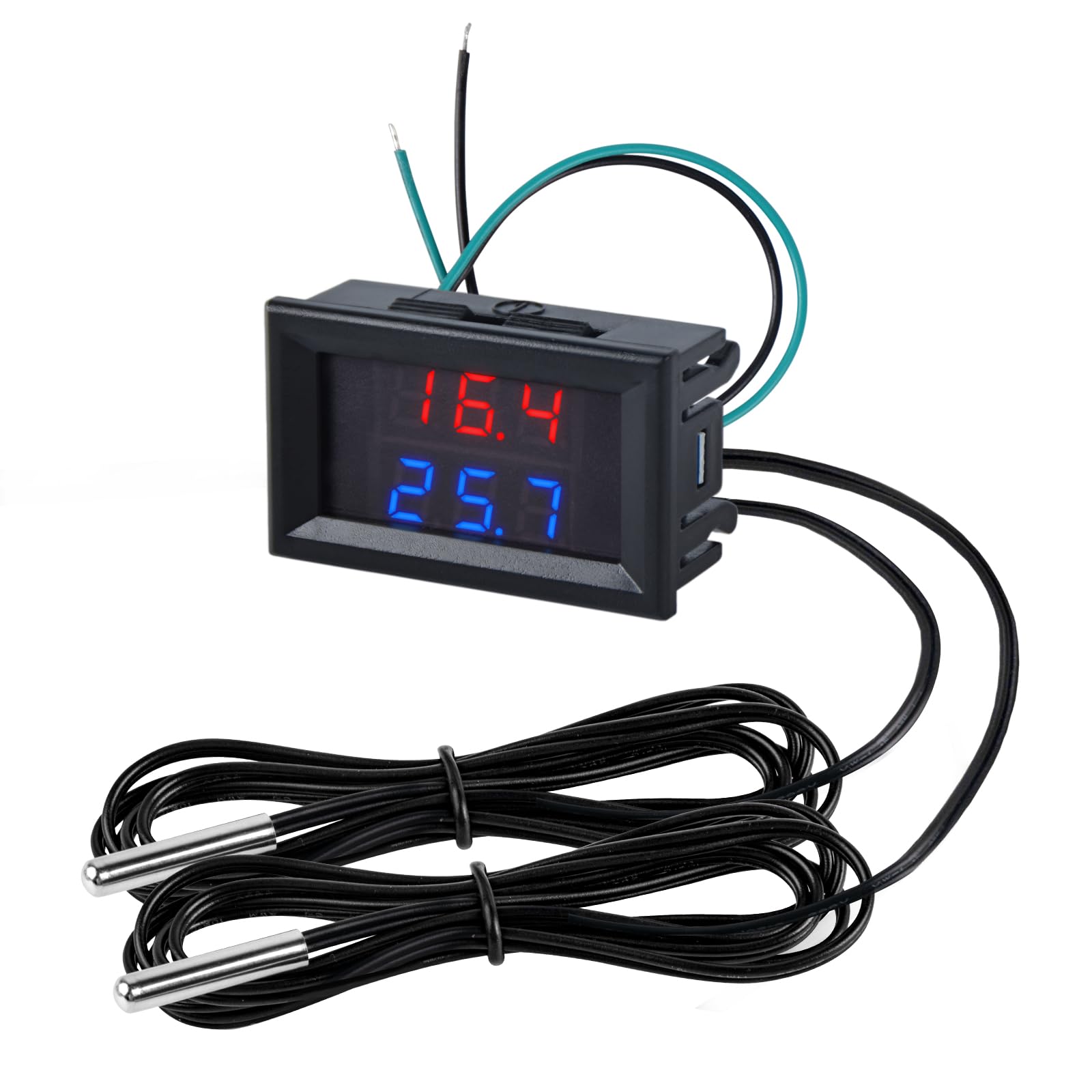 Termómetro Digital Impermeable con 2 Sondas de Metal, DC 4-28V LED Medidor de Temperatura Pantalla Dual -55 a +120°C, Cable 2m Rojo&Azul