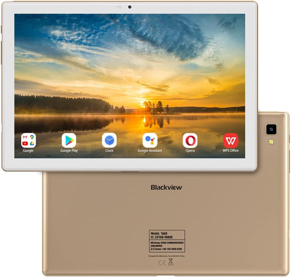 Front and back view of the Blackview Tab 8 Tablet, displaying the screen with various applications and the rear camera module.