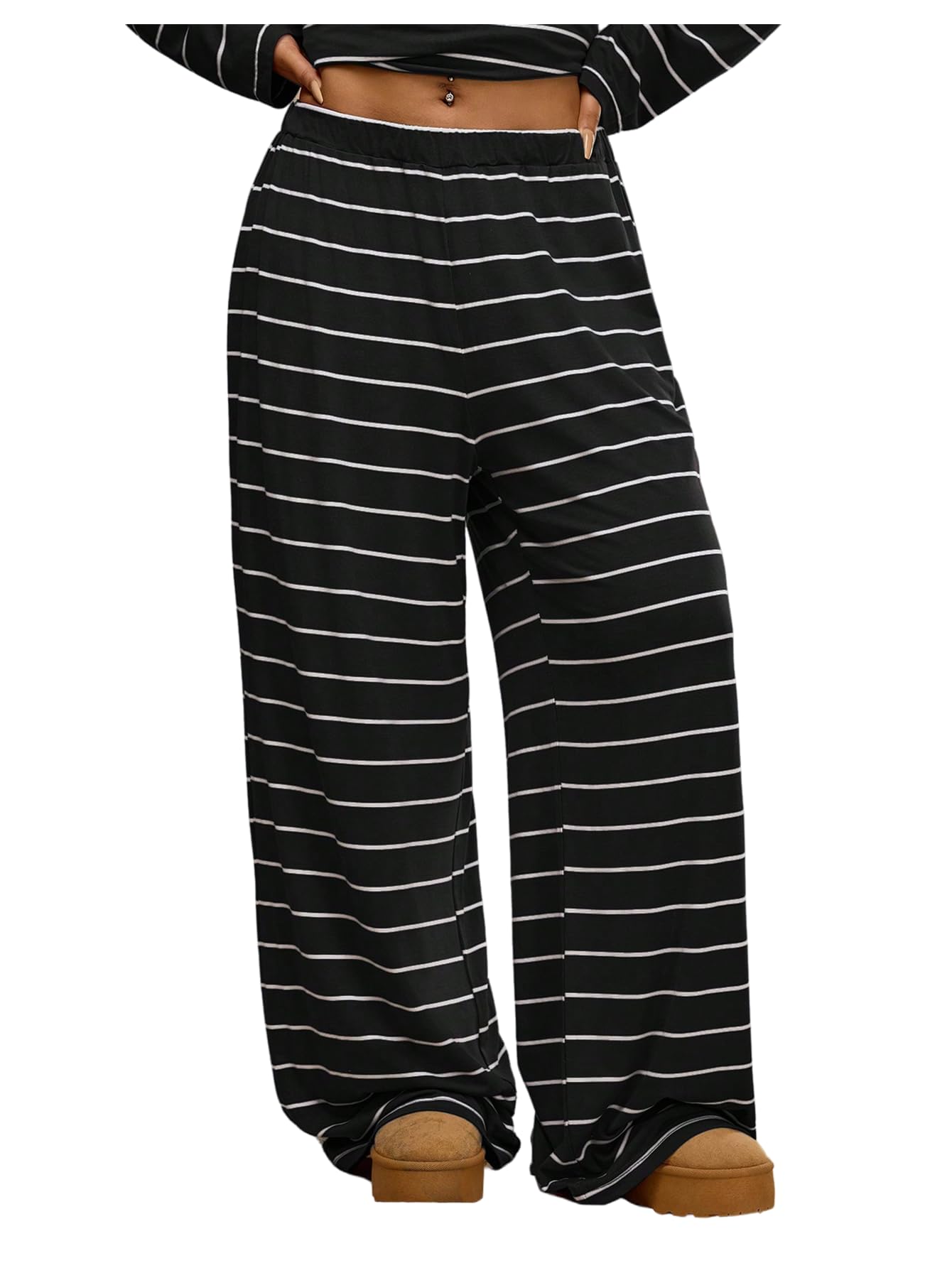 Floerns Womens Plus Size Striped Wide Leg Pants Elastic Waist Casual Loose Trousers