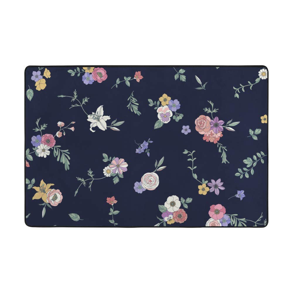 Tapis motif floral bleu foncé qui ne perd pas ses poils en velours corail épais CHEHONG