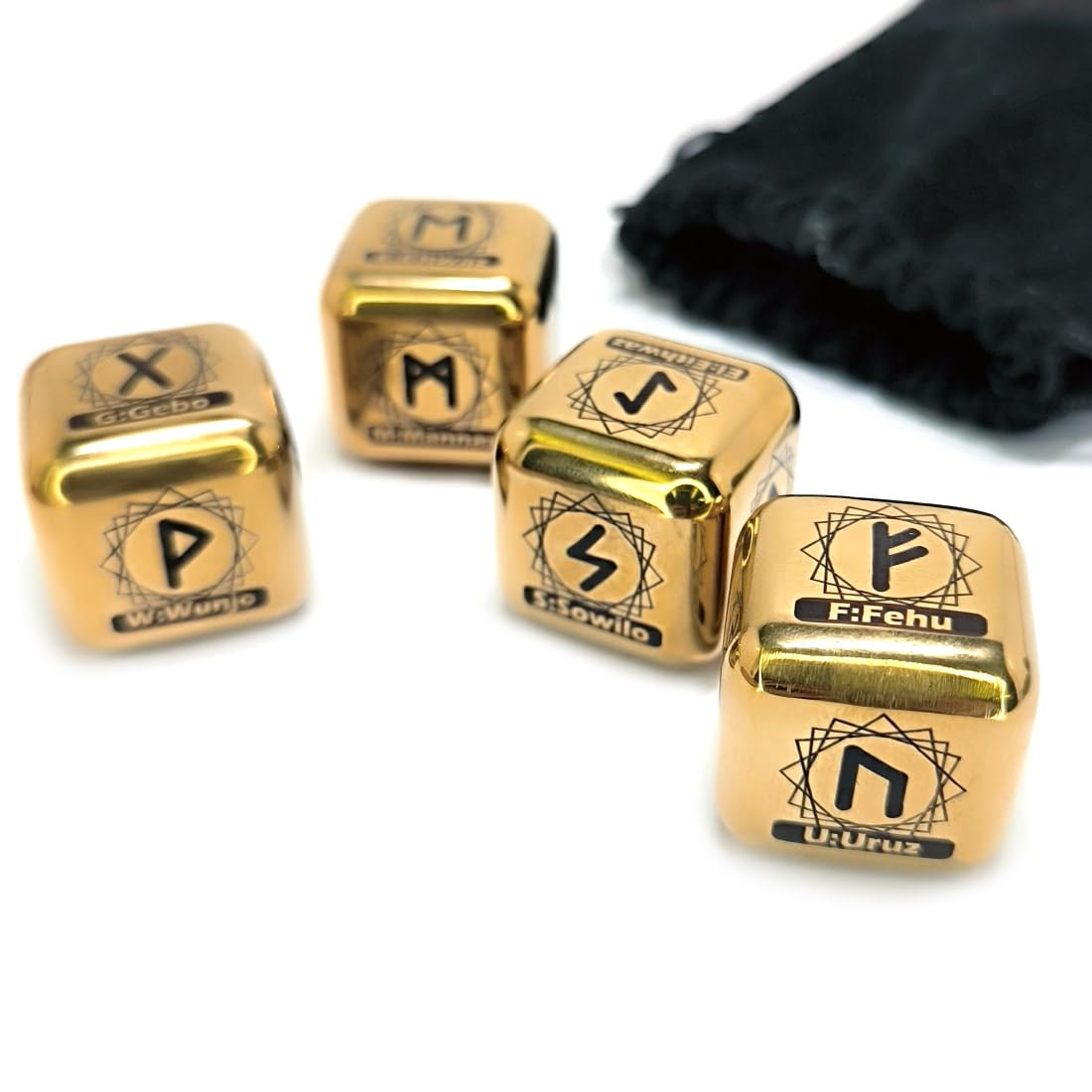 Hometu 4 Pcs/Set Metal Rune Dice Set, 24 Carved Elder Furthark Alphabet Viking Rune Stainless Steel Dices for Divination Prediction Game (Gold)