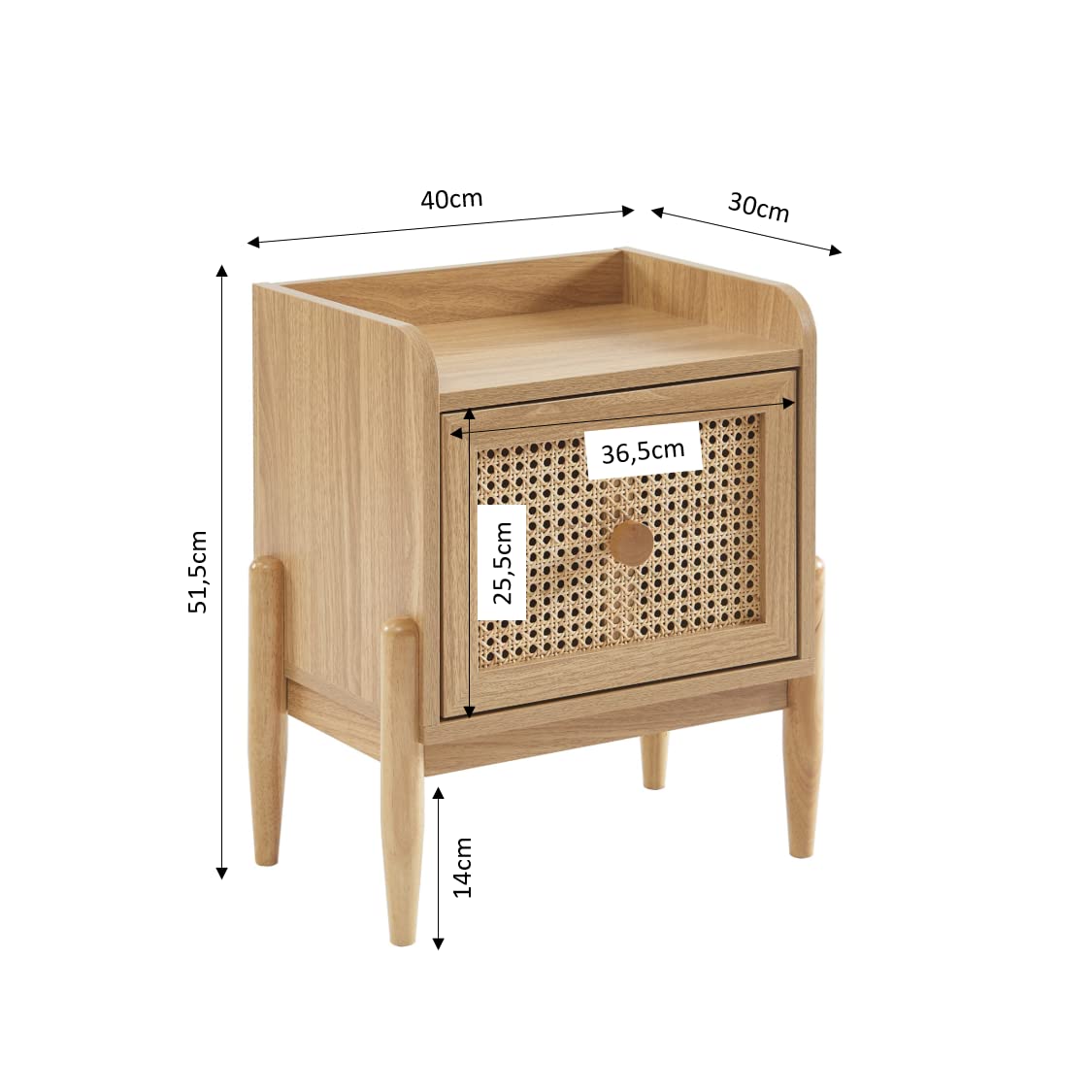 BAÏTA Table de Chevet Enfant Pablo Effet chêne et cannage rotin