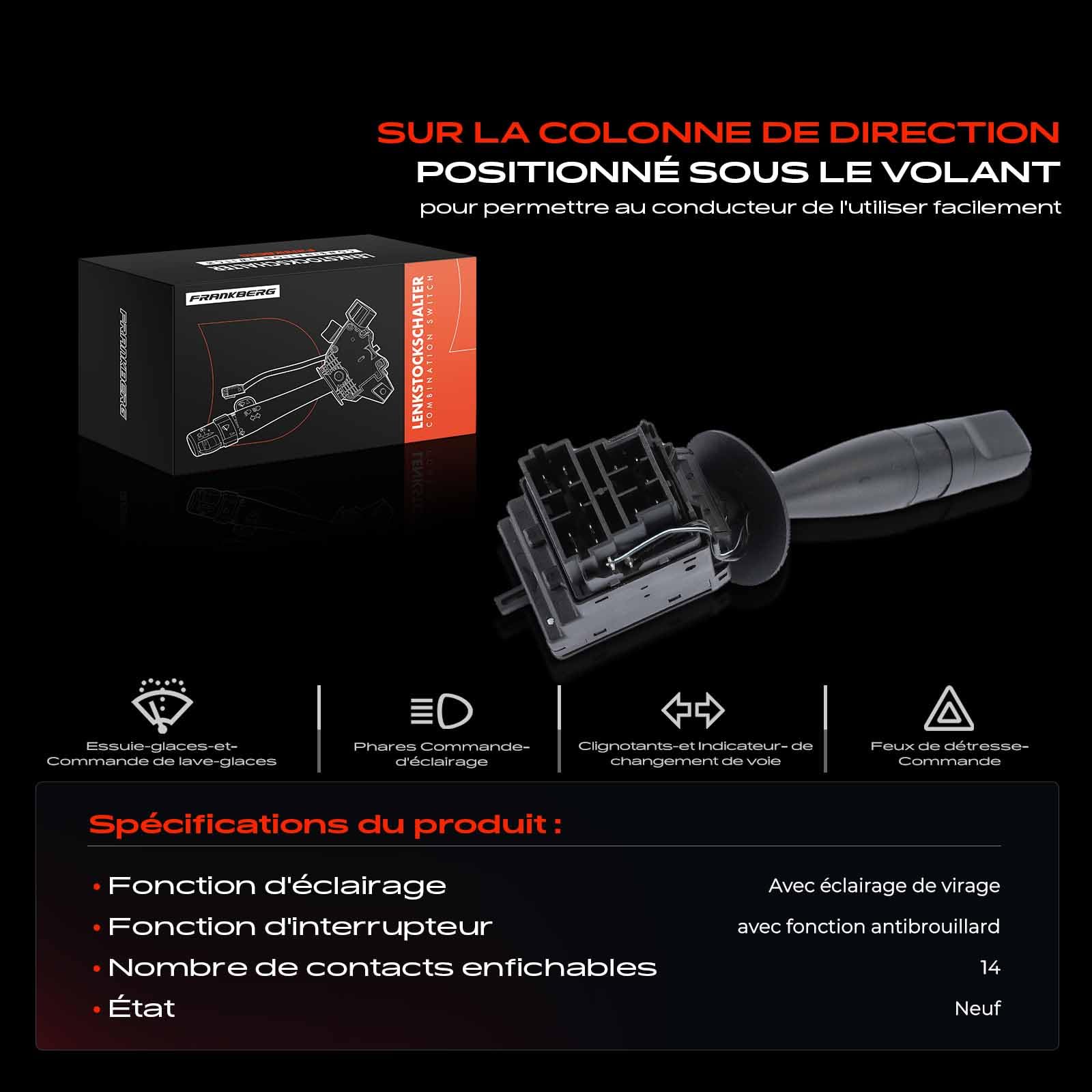 Frankberg 1x Interrupteur de Colonne de Direction Compatible avec Berlingo/Berlingo First MPV GFK GJK MF 1.1L-2.0L 1996-2011 Jumpy U6U Bus 1.6L-2.0L 1995-2006 Remplacer# 96236416ZL