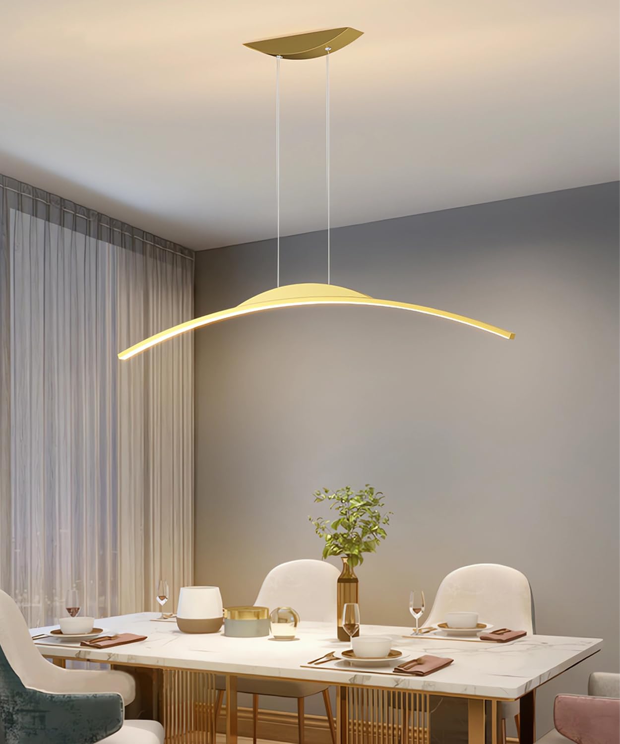 TUJJTU Modern LED Pendant Lamp 100cm Curved Pendant Light Dimmable Hanging Light with Remote Control Height Adjustable Dining Hanging Light Gold Acrylic Lighting for Kitchen Bar Office (Gold, 80cm)