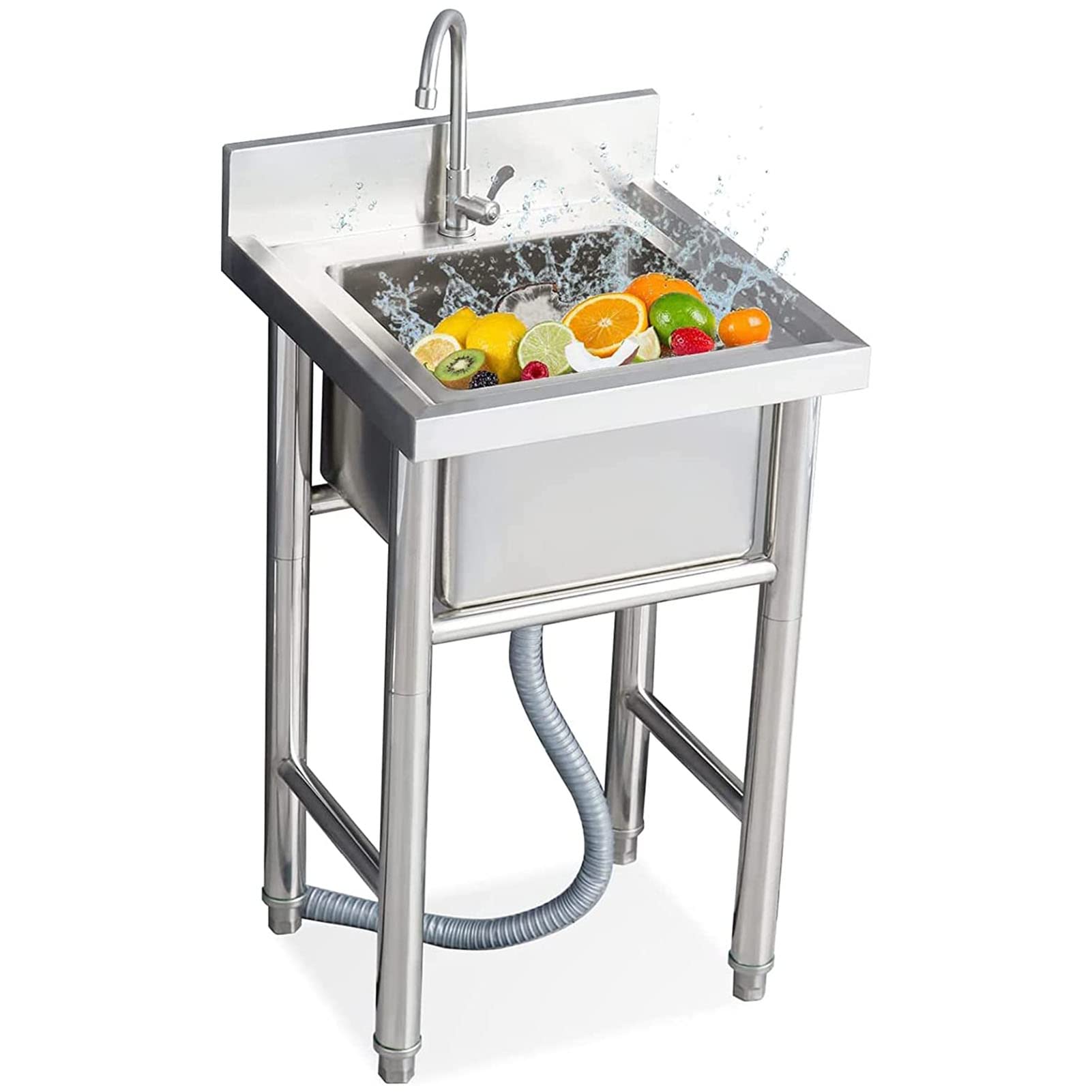 Catering Sink, Free Standing 304 Stainless Steel Utility Sinks for Laundry Room with 360° Swivel Tap and Drain Industrial Commercial Sink for Restaurant Workshop