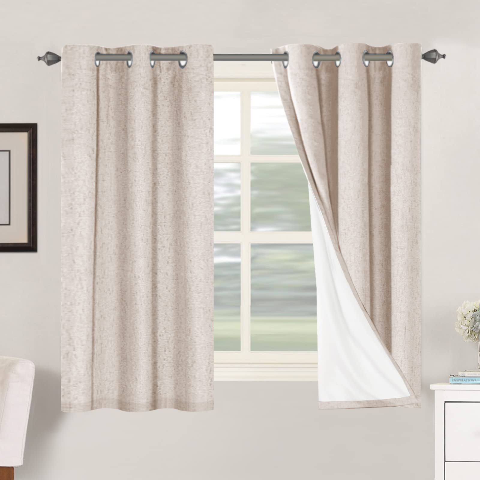 Bellahills Natural 100% Blackout Curtains Faux Linen Eyelet Curtains For Bedroom Living Room Thermal Insulated Burlap Eyelet Curtain & Drapes 2 Panels, 46 X 54 Inch,