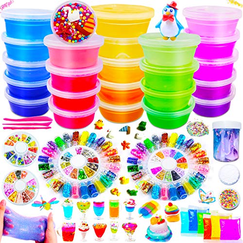 DIY Slime Kit - 24 Colores Kit de Slime Esponjoso con 48 brillantinas, Suministros de Slime Claro para niños, Incluye Arcilla Seca al Aire, rebanadas de Frutas y Herramientas