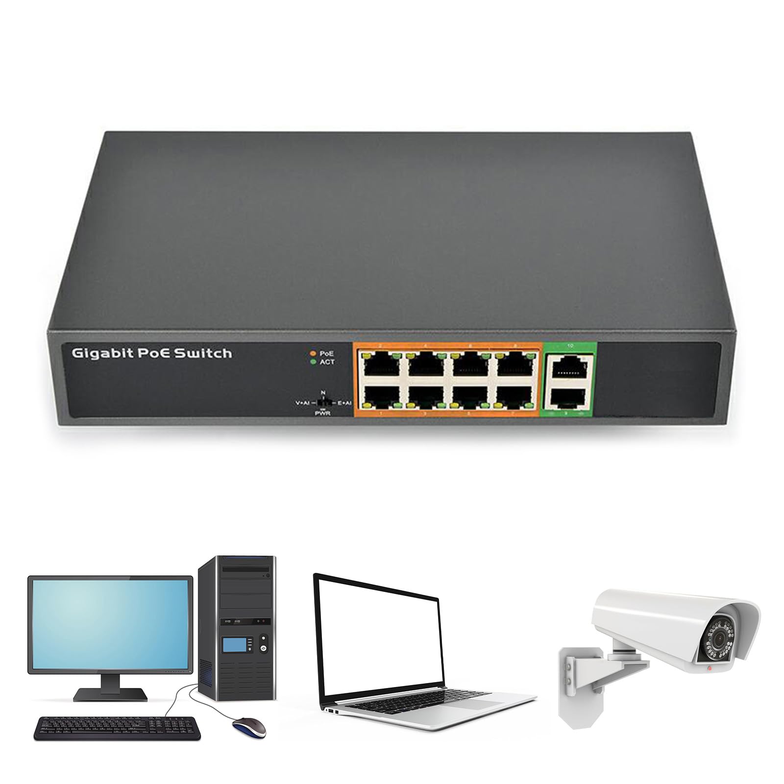 Switch Gigabit Power over Ethernet a 10 porte con alloggiamento in metallo, porta 8 x 1000 m e 2 uplinking, facile installazione, switch Power over Ethernet non gestito