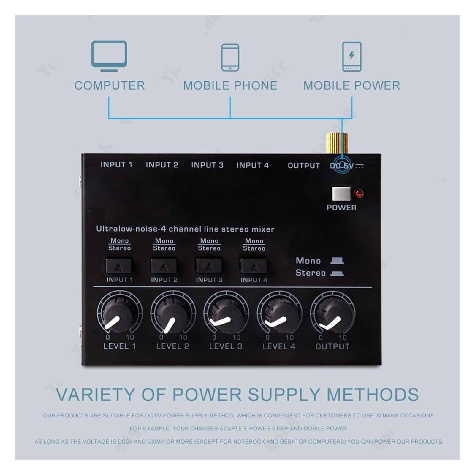 Mikser dźwięku MAX400 4-kanałowy mikser stereo z interfejsem RCA o niskim poziomie szumów profesjonalny mini mikser stereo do komputera Muzyka na żywo