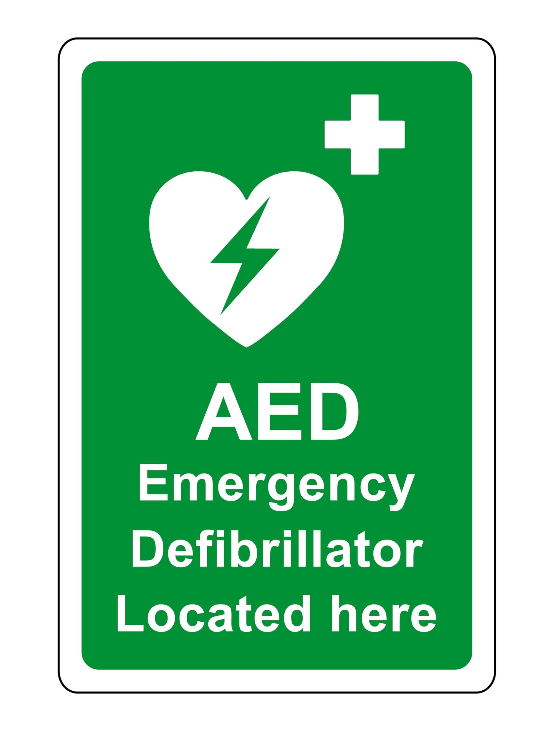 AED Safety sign - Emergency Defibrillator located here emergency sign - 1.2mm Rigid plastic for indoor/outdoor usage (400mm x 300mm) Viewing Distance within 14m.