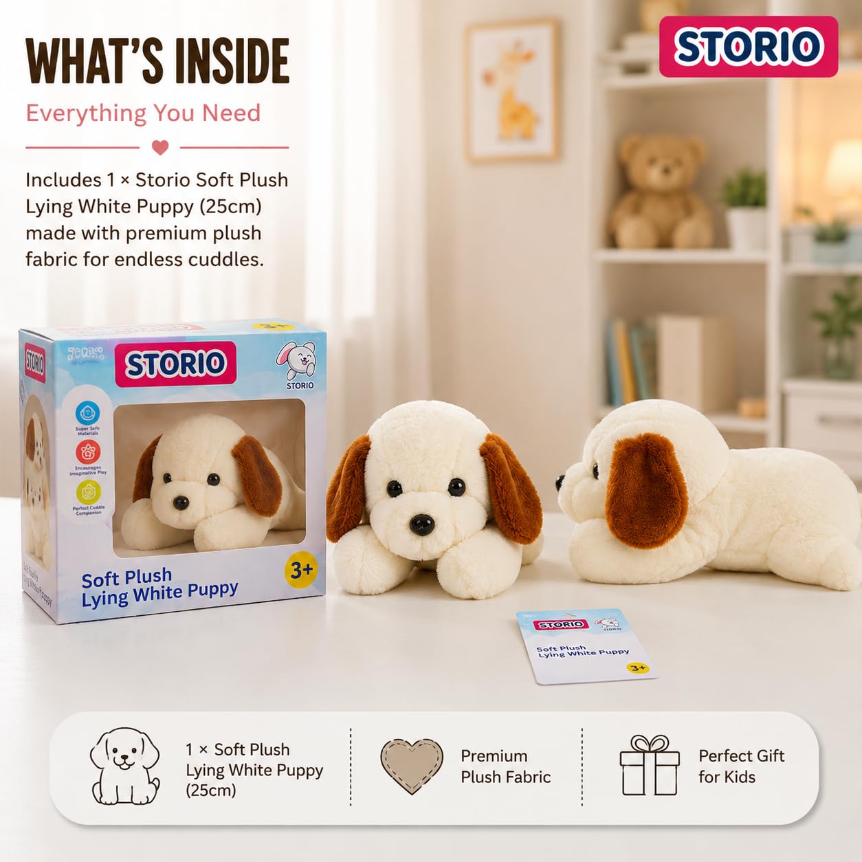 Storio Soft Plush Lying White Puppy Stuffed Animal | Kids Animal Home Decor for Boys & Girls Soft Dog Plush Toy - 25cm — Amazon image 7