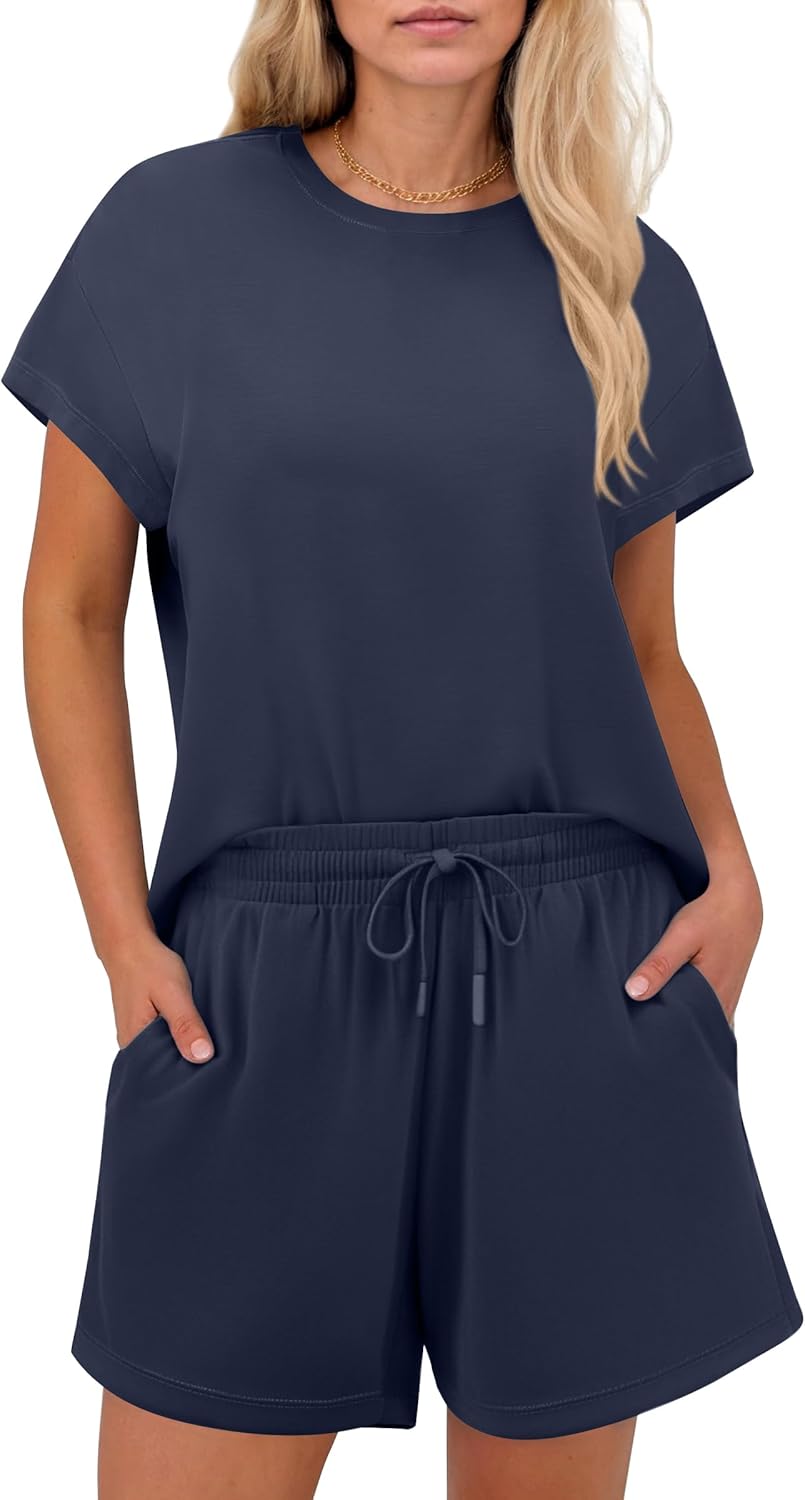 PINSPARK 2 Piece Sets for Women Summer Crewneck Matching Shorts Lounge Set with Pockets Casual Travel Outfits 2025 Trendy