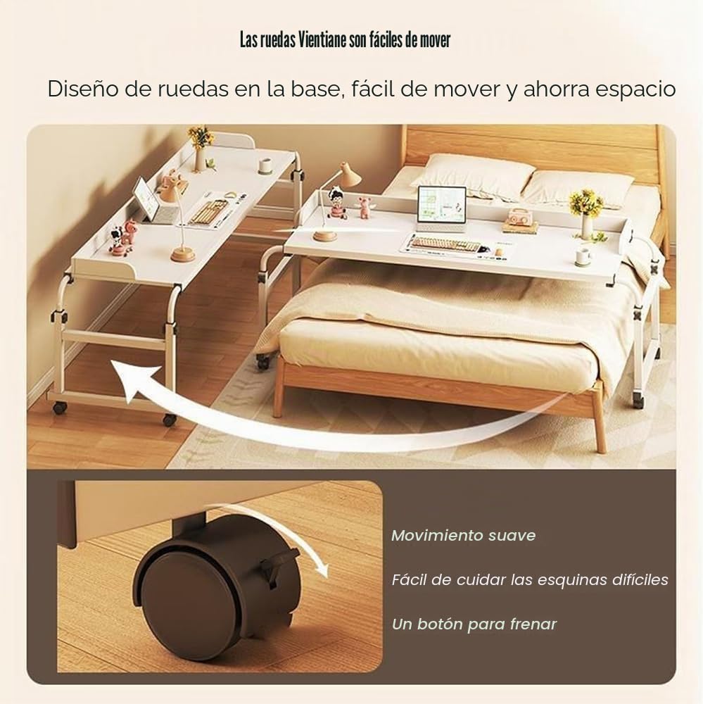 Mesa de Sobrecama 4 Ruedas para Bastidor de Cama Tamao Matrimonial/Queen - Funciona como Mesa de Bar, Comedor o Carrito de Computadora - Color Blanco