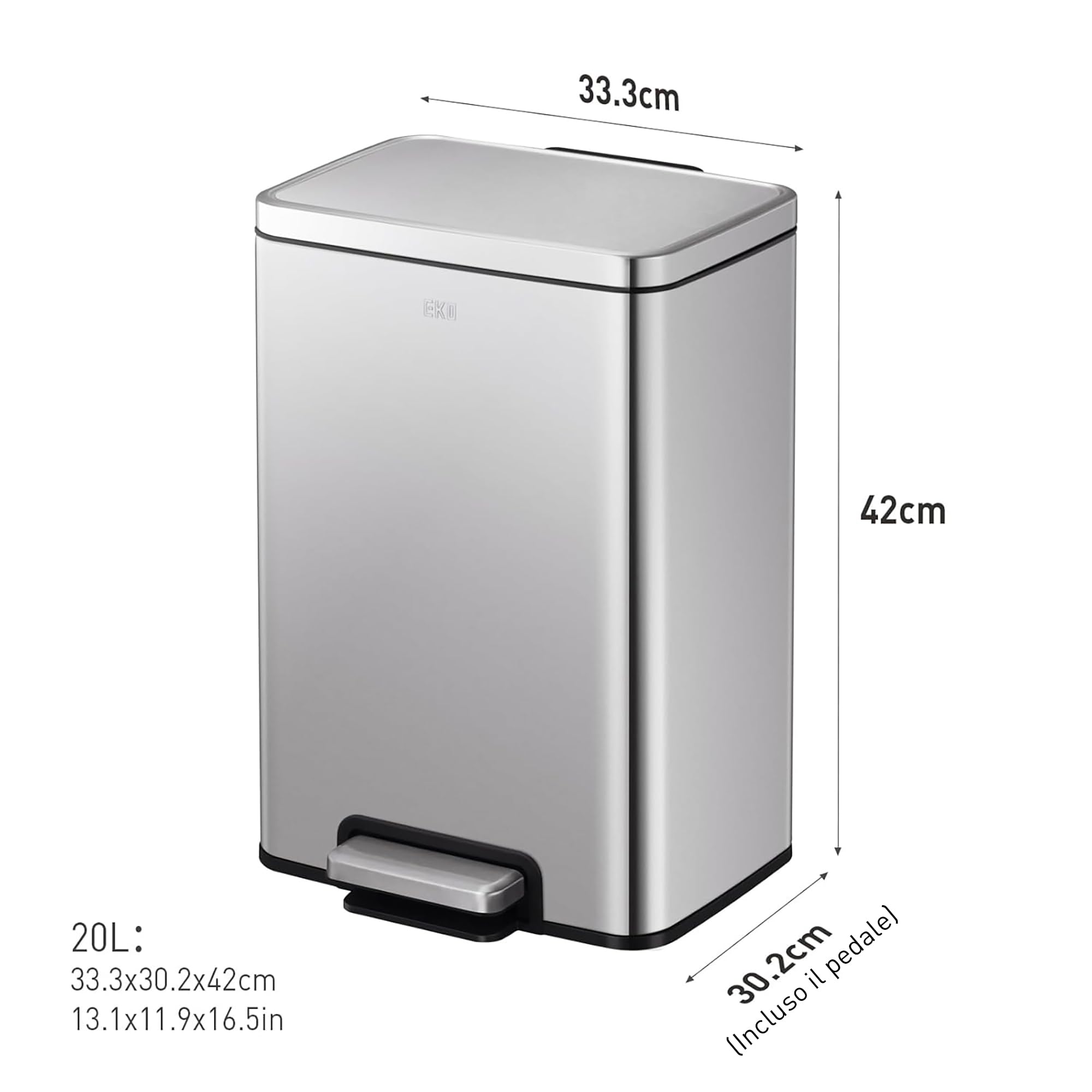 Pattumiera EKO Madison 20L in Acciaio Spazzolato, pattumiera per rifiuti da Cucina, Pedale Resistente, pattumiera per Bagno, Chiusura Ammortizzata, pattumiere, pattumiere per Bagno
