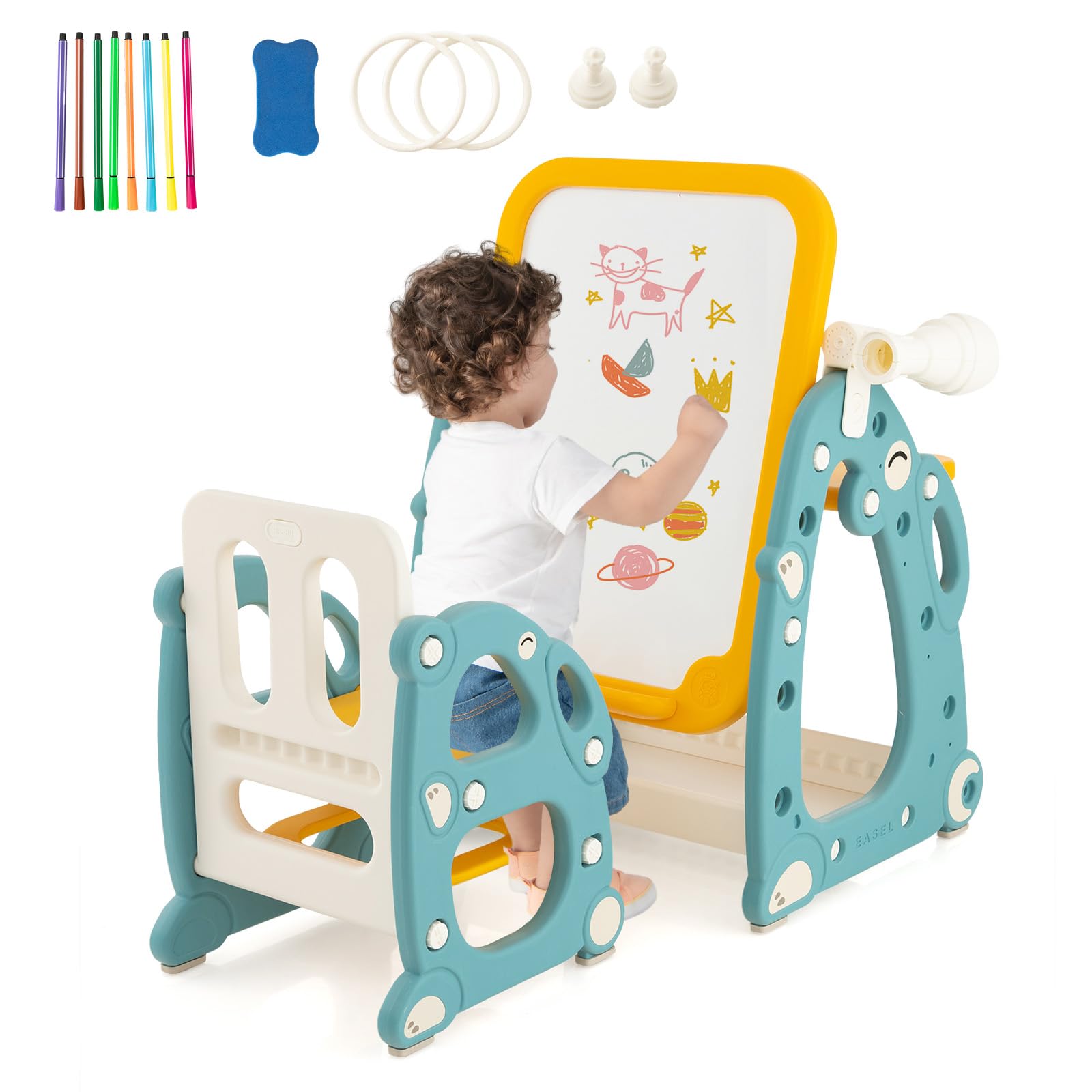 GYMAX Tavolozza Artistica 4 in 1 per Bambini con Sedia, Set Tavolo e Sedia per Disegno per Bambini con Lavagna Magnetica Regolabile, Lavagna Cancellabile e Pennarelli, per Bambini da 1 a 8 Anni