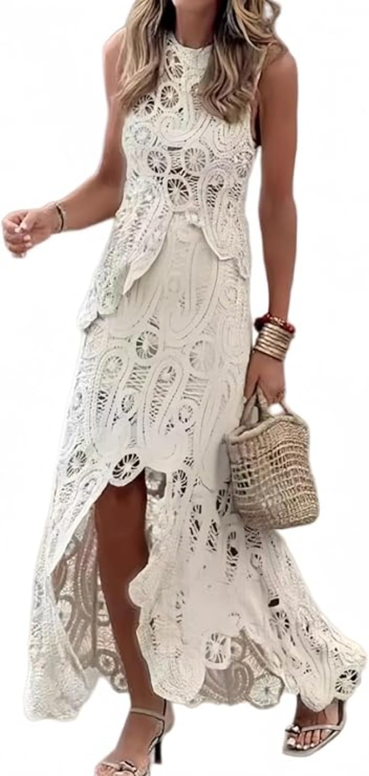 Abito da donna Boho 2 pezzi senza maniche con top corto in pizzo e maxi gonna cava all'uncinetto abito da vacanza