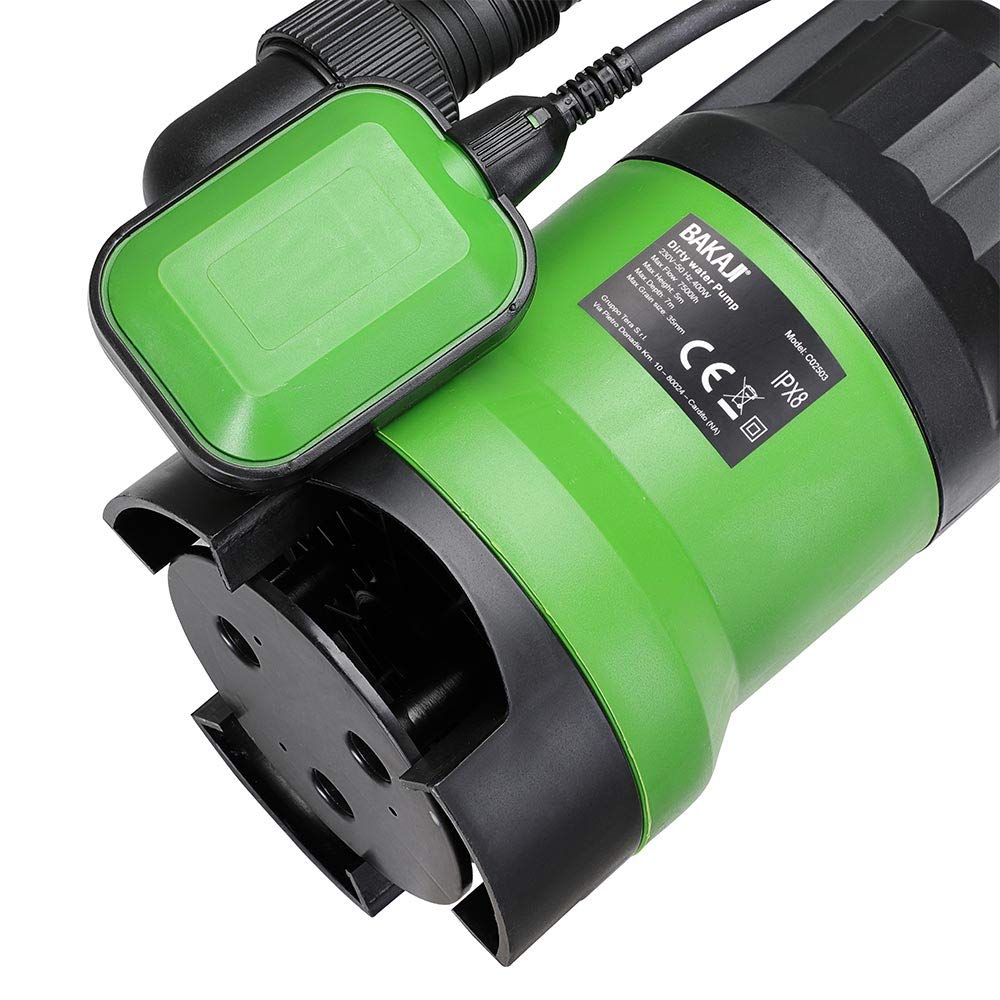 Bakaji Pompa Immersione Elettropompa Sommersa Acque Scure Sporche Potenza 400 W Portata 7000L/h Profondità Massima 7 Metri con Fondo Piatto Maniglia per il Trasporto e Cavo 10 metri (7000 Litri/h)