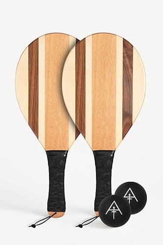 Frescobol - Juego de palas prémium - 2 paletas de playa de madera natural + 2 bolas - Juego de pelota de remo hecho a mano (rayas brasileñas)
