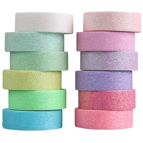 LOGOFUN 12 Rolls Glitter Washi Tape Set Colorful Masking Tape DIY Craft Art Scrapbook Tape 15mm