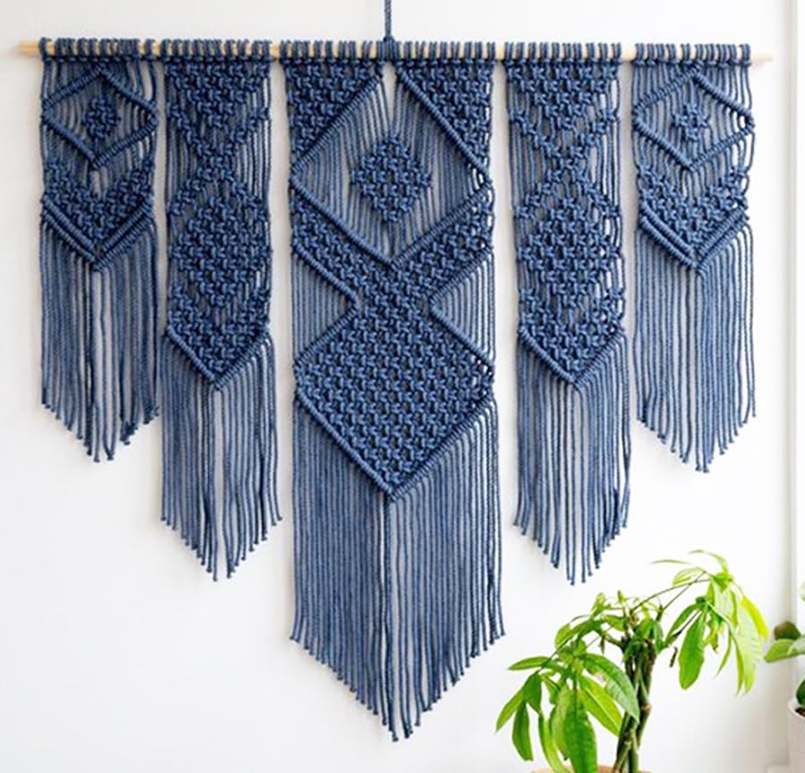 Extra Large Macrame Wall Hanging, Cotton, Geometric Boho Style, Handmade Wall Hanging, Hanging Ornament 30x34 in, Living Room Decor (Navy Blue)
