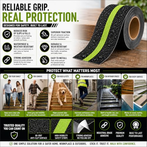 Image of YORWE Anti Slip Stair Tape with Glow in the Dark Strip - Heavy Duty Waterproof Non Slip Traction Tape for Stairs, Steps, Outdoor & Indoor Safety (Black and Green, 15 Meter)