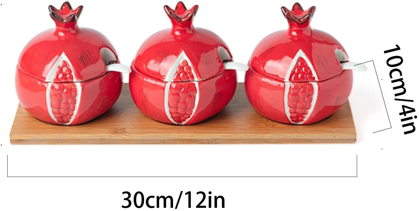 Kolorowa ceramiczna cukiernica z pokrywką i łyżką, zestaw 3 słoików (cytrynowy granat)