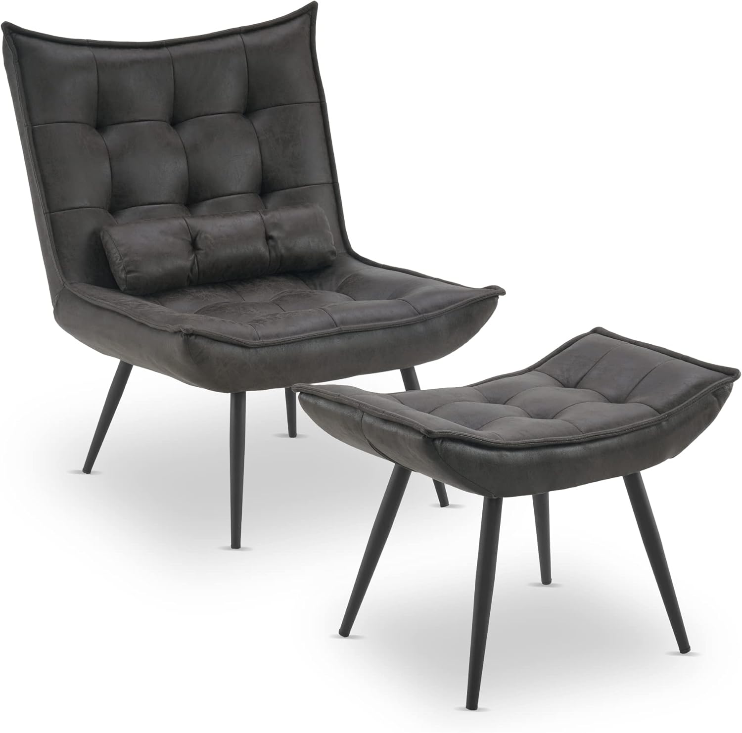 MCombo 4779 - Sillón de relax moderno con cojín de cintura para salón, retro, vintage, de lectura, silla de salón tapizada, color gris oscuro, con taburete)