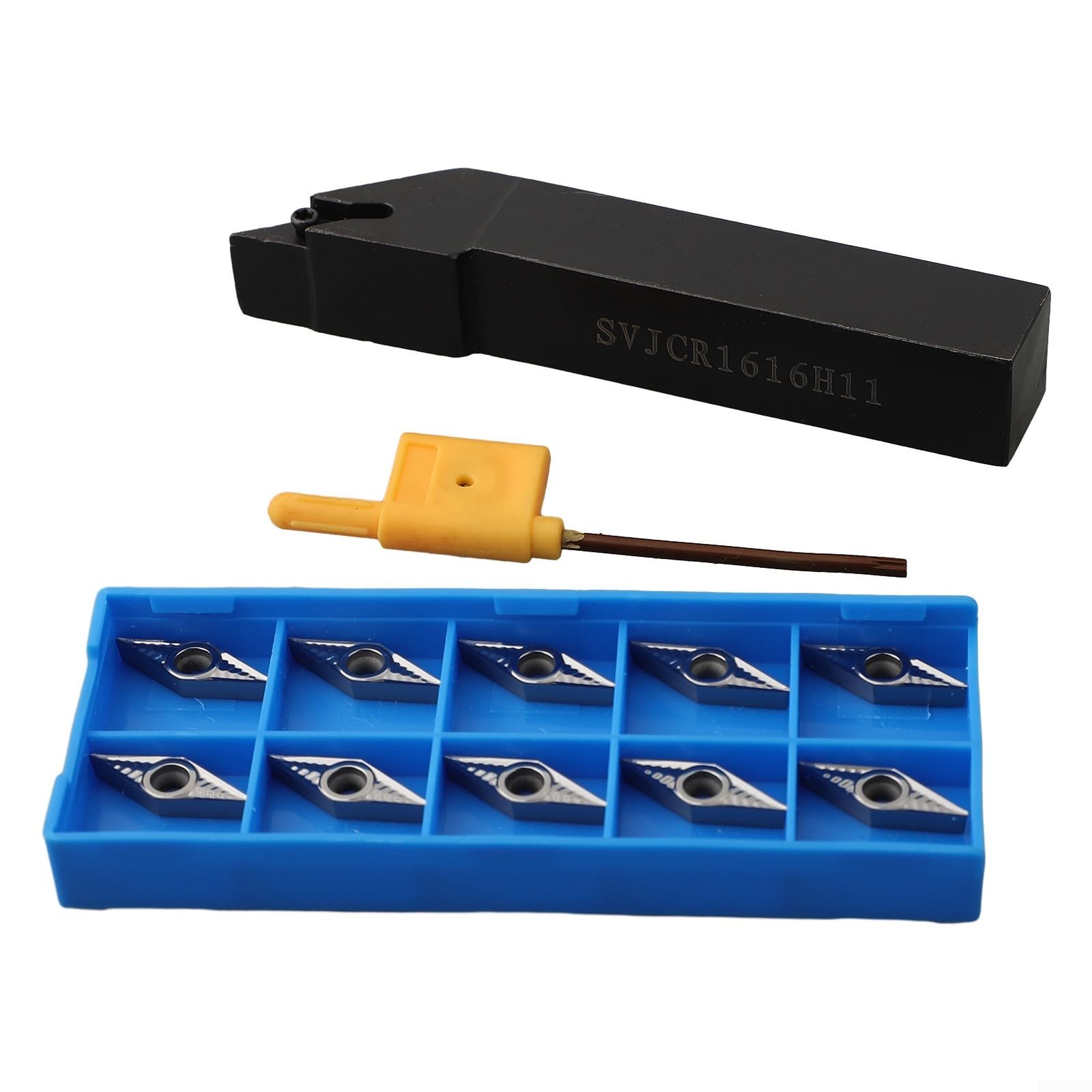 VCGT110304-AK H01 Insert en carbure avec SVJCR1616H11 Porte-outil de tour droit de 16 mm pour tournage CNC, angle de coupe de 93°, tige en acier au carbone pour semi-finition et finition