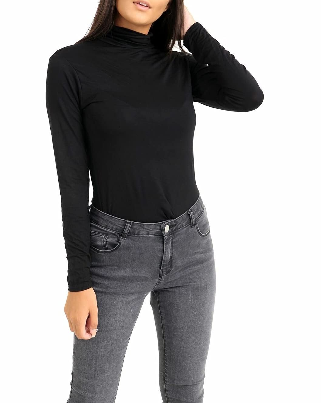 An Direct Women's Black Basic Long Sleeve Plain Polo Turtle Neck Stretch Plus Size Top T Shirt (, Ml)
