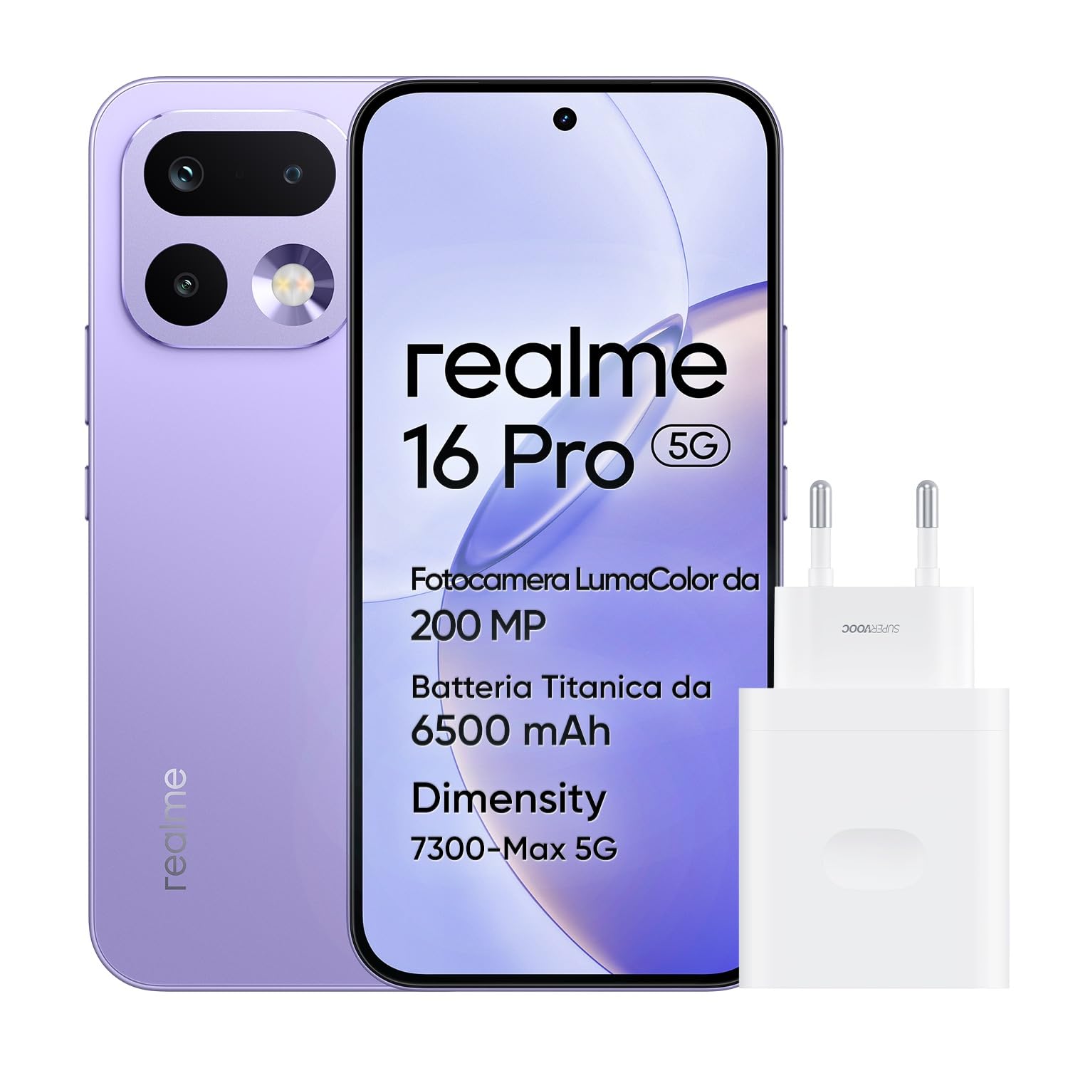 realme 16 Pro 5G Smartphone, 8Go+256Go, Écran AMOLED 144Hz 6,78", Batterie 6500mAh, Caméra 200MP OIS, IP69K, Charge Rapide 45W, Double SIM, Next AI, Violet (avec Adaptateur)