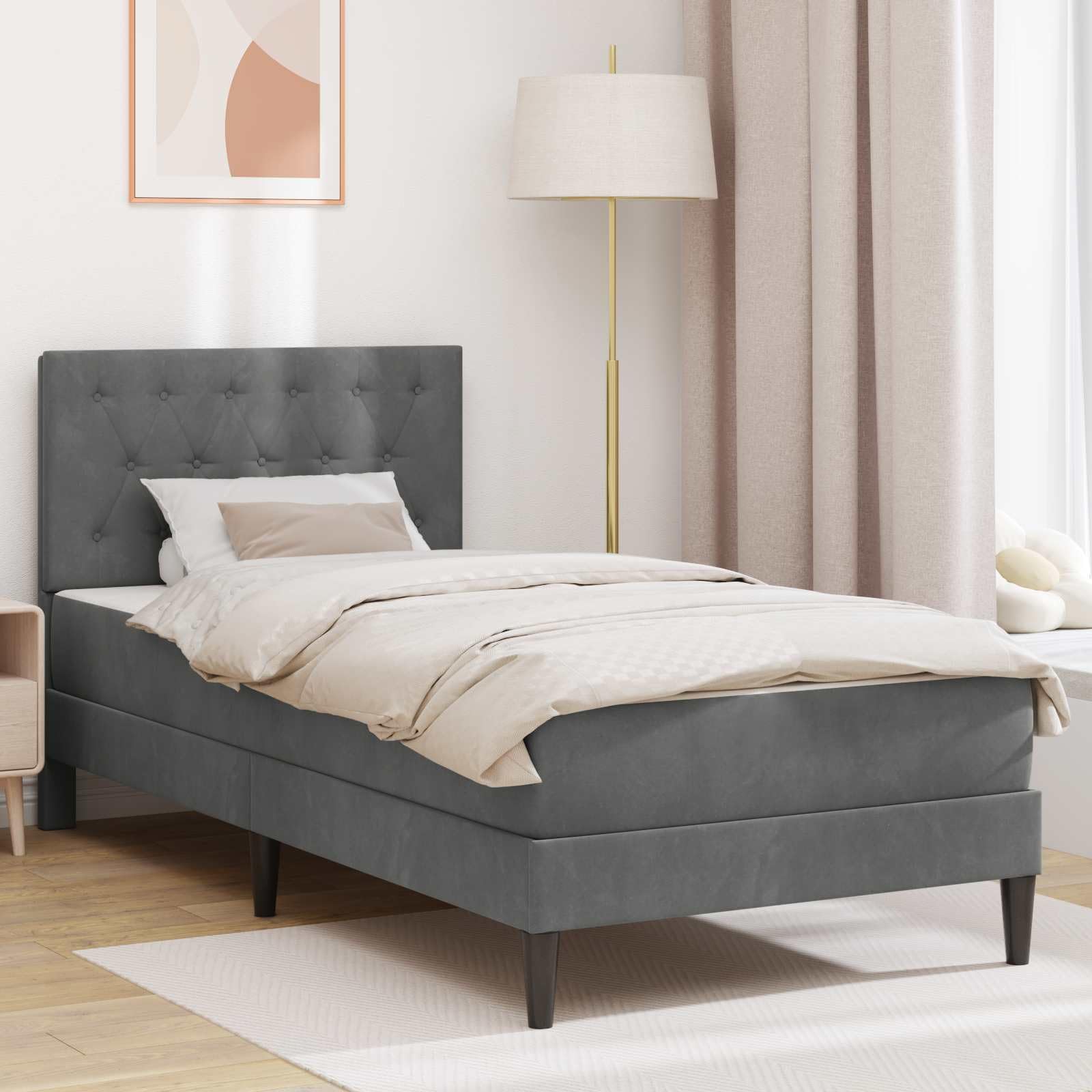 Rama łóżka z materacem, ciemnoszara, 90 x 190 cm, aksamitna, ergonomiczna, oddychająca, z wytrzymałym stelażem, miejscem do przechowywania, nakładka z pianki memory, idealna dla gości i