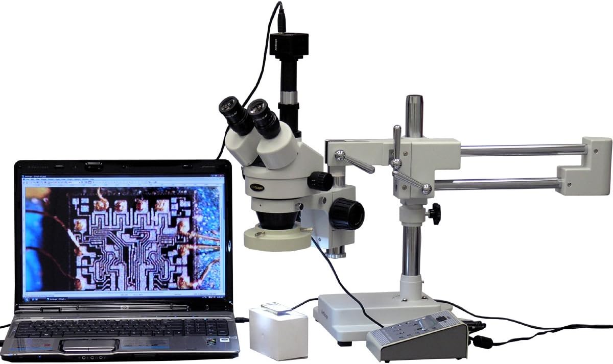 AmScope SM-4TZ-80AM-5M Digital Professional Trinocular Stereo Zoom Microscope, WH10x Eyepieces, 3.5X-90X Magnification, 0.7X-4.5X Zoom Objective, Eight-Zone LED Ring Light, Double-Arm Boom Stand, 110V-240V, Includes 0.5X and 2.0X Barlow Lenses and 5MP Camera with Reduction Lens and Software
