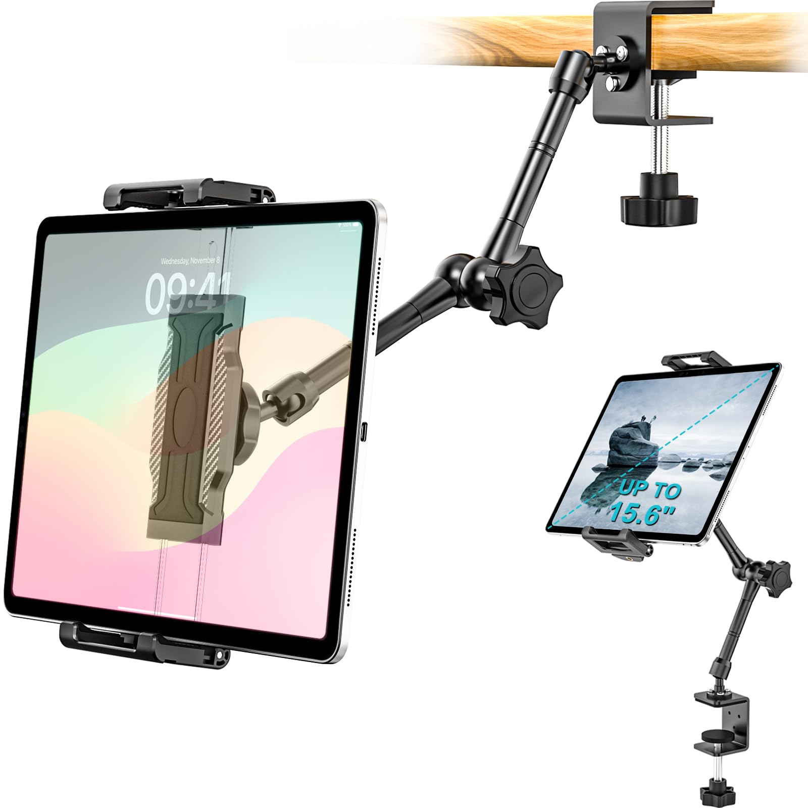 Supporto Tablet per Cucina, Braccio in Metallo Supporto Regolabile a 360 Gradi, per iPad Pro 13 Air Mini, Galaxy Tab, Fire, iPhone, 6,1 a 15,6", Supporto Tablet per Tavolo/Mensola/Scrivania