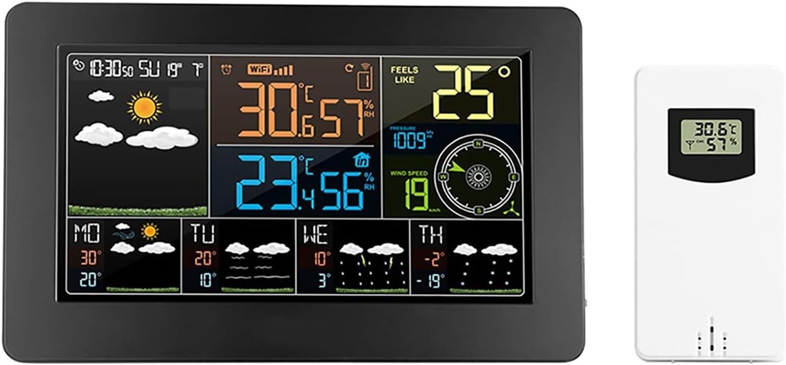 Station Météo WiFi sans Fil, Thermomètre Intérieur Extérieur Numérique avec Affichage Couleur, Horloge et Rétroéclairage Réglable