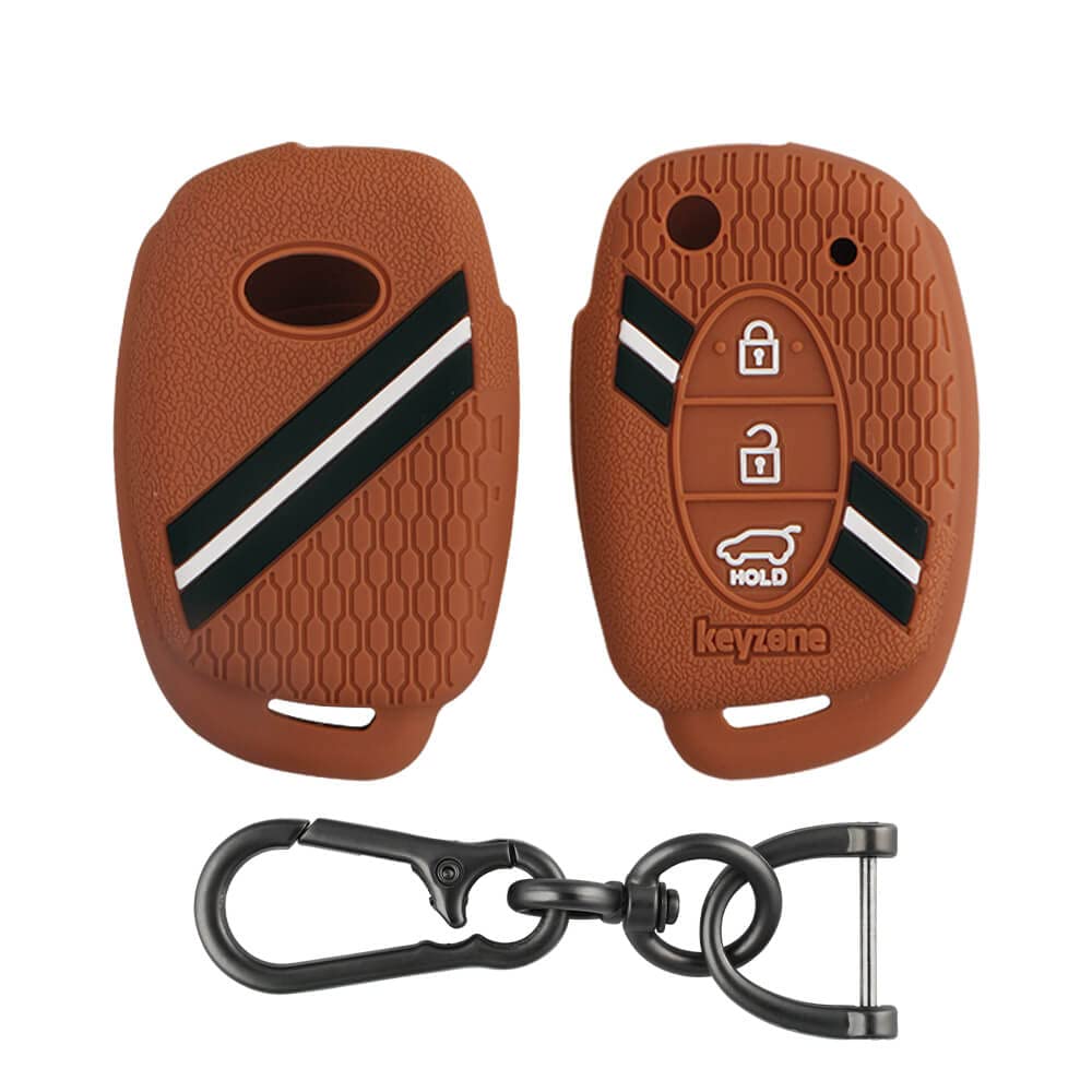 Keyzone® Striped Silicone Key Cover and Keyachain Compatible for Hyundai Venue, Creta, Exter, Elite i20, Grand i10 Nios, Aura, Xcent, Grand i10 3 Button Flip Key (Brown with Zinc Alloy)