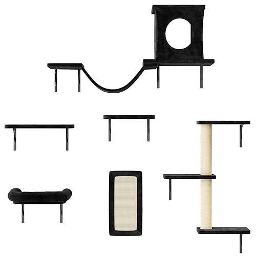 NUNU LAB Cat Wall Shelves, 6 Pcs Luxury Wall-Mounted Cat Climber Set, Indoor Cat Furniture with 1 Condos House, 2 Cat Wall Shelves, 1 Scratching, 1 Bridge Ladder, 1 Scratching Pad, Black - Black - 6 Pcs