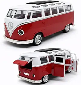 Miniatura Kombi 18 CM, Em metal, Abertura de todas as portas, Com Som e Led, Rodinhas em borracha e com fricção (Vermelho)