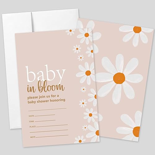 20 juegos de invitaciones de margaritas para baby shower con sobres, Baby in Bloom Daisy Flower Floral Tarjetas de invitación impresas de doble cara