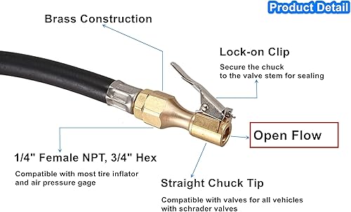 Miniatura 3 de Mandril de aire de latón resistente portabrocas de neumático recto de flujo abierto con clip de bloqueo portabrocas de neumático FNPT de 14 pulgadas