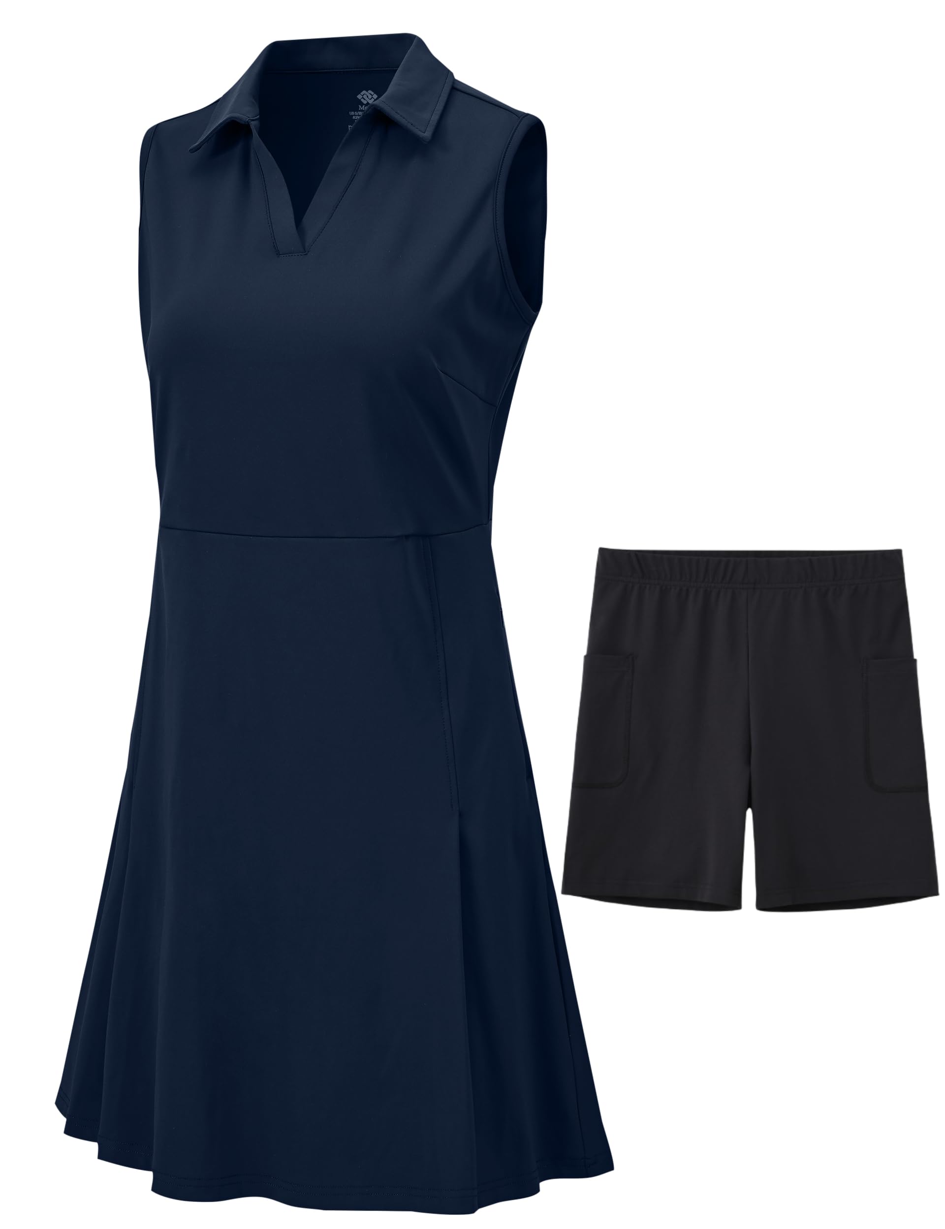 MoFiz Tenniskleid mit Hose Damen Ärmellos V-Ausschnitt Sommer Golf Sportkleider Freizeitkleider Polokleid mit Reißverschlusstaschen
