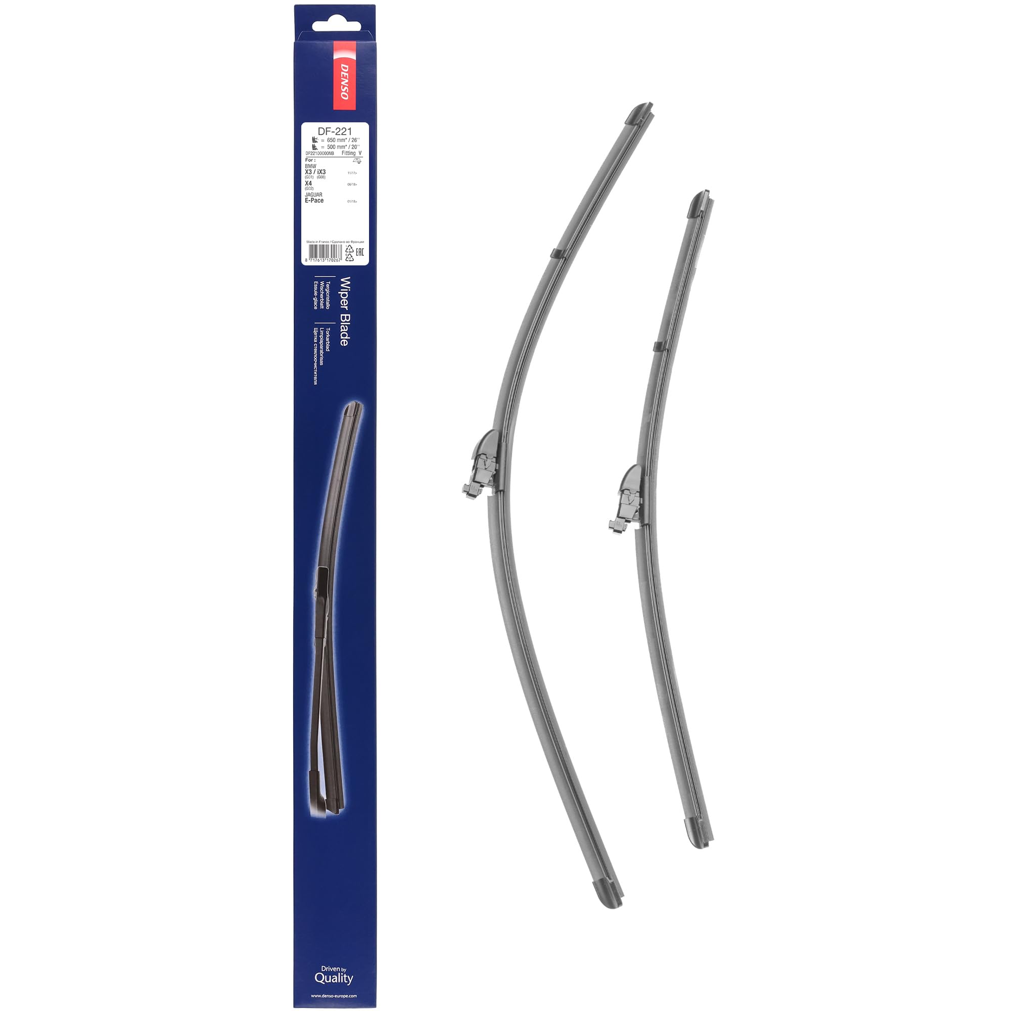 Kit Spazzole Tergicristallo Flat DENSO (DF-221) Contiene 2 Pezzi per Veicoli con Guida a Destra, 650/500 mm, Tergicristallo Silenzioso e Durevole con Design Aerodinamico - Qualità OE | Compatibile con: BMW iX3, X3, X3 Van, X4, JAGUAR E-PACE