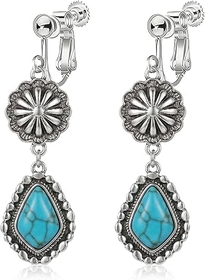 Bohemian Turquoise Clip On Earrings for Women Handmade Sterling Silver Feather Dangle Earrings Vintage Boho Western Country Concert Jewelry Gifts