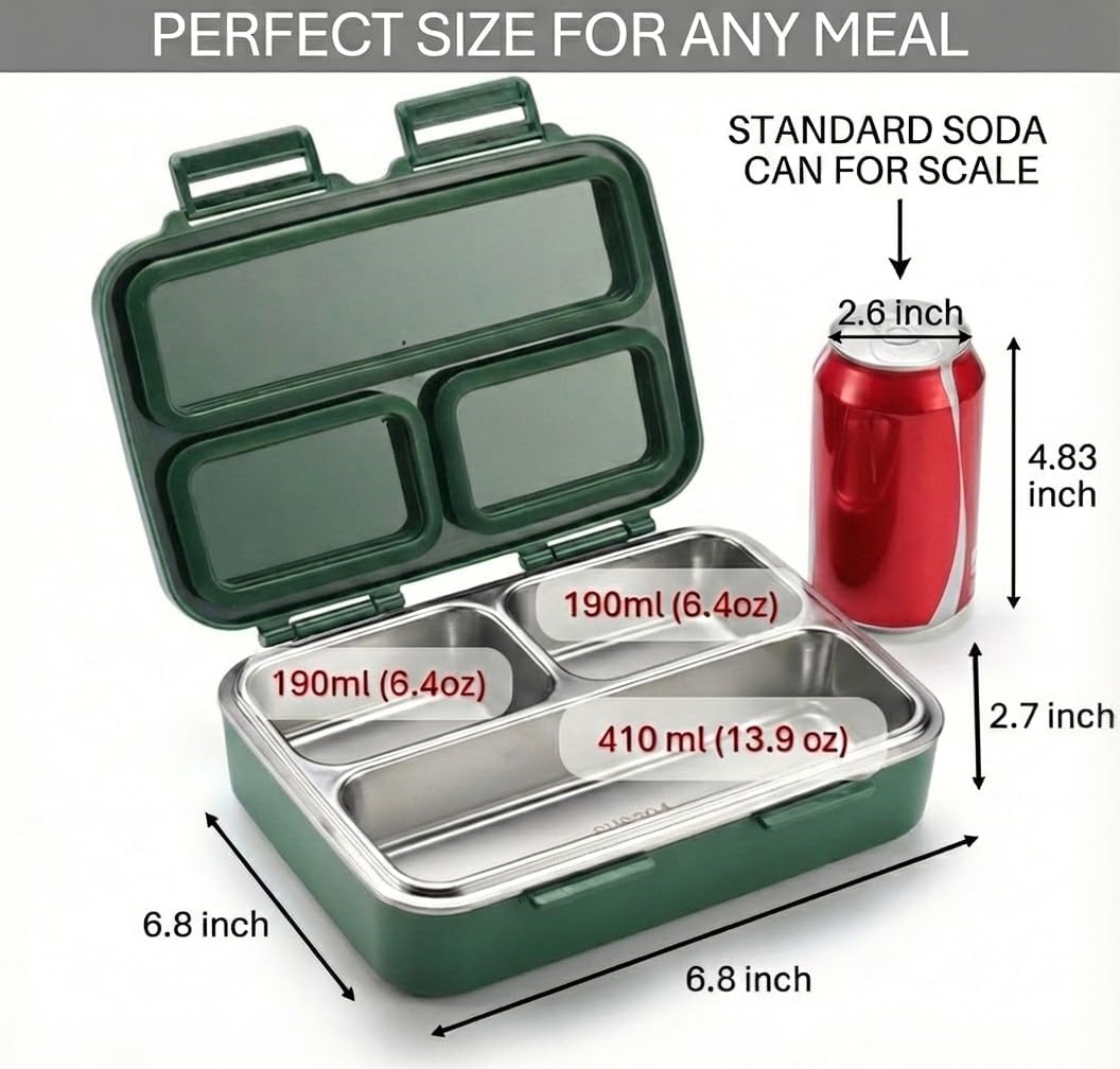 Stainless Steel Bento Box with Vacuum-Seal Valve (Leak-Proof) – 3-Compartment Medium Lunch Container (8.8" x 6.9") – Easy-Open Air Vent, Removable Tray & Spoon (Green)
