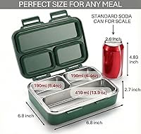 Vista 1 de Caja Bento de acero inoxidable con válvula de sellado al vacío (a prueba de fugas) - Contenedor mediano de 3 compartimentos (8.8 x 6.9 pulgadas)