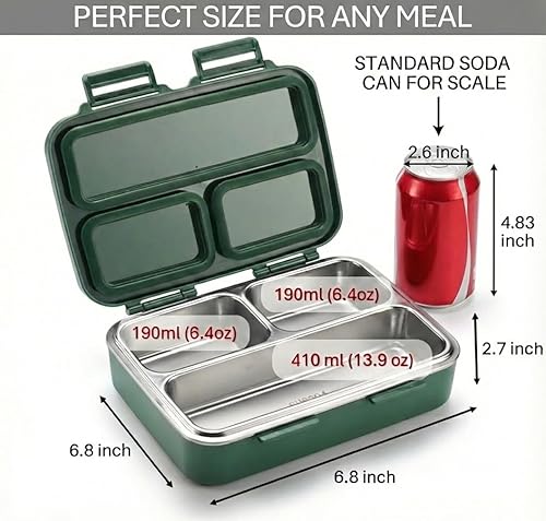 Caja Bento de acero inoxidable con válvula de sellado al vacío (a prueba de fugas) - Contenedor mediano de 3 compartimentos (8.8 x 6.9 pulgadas)