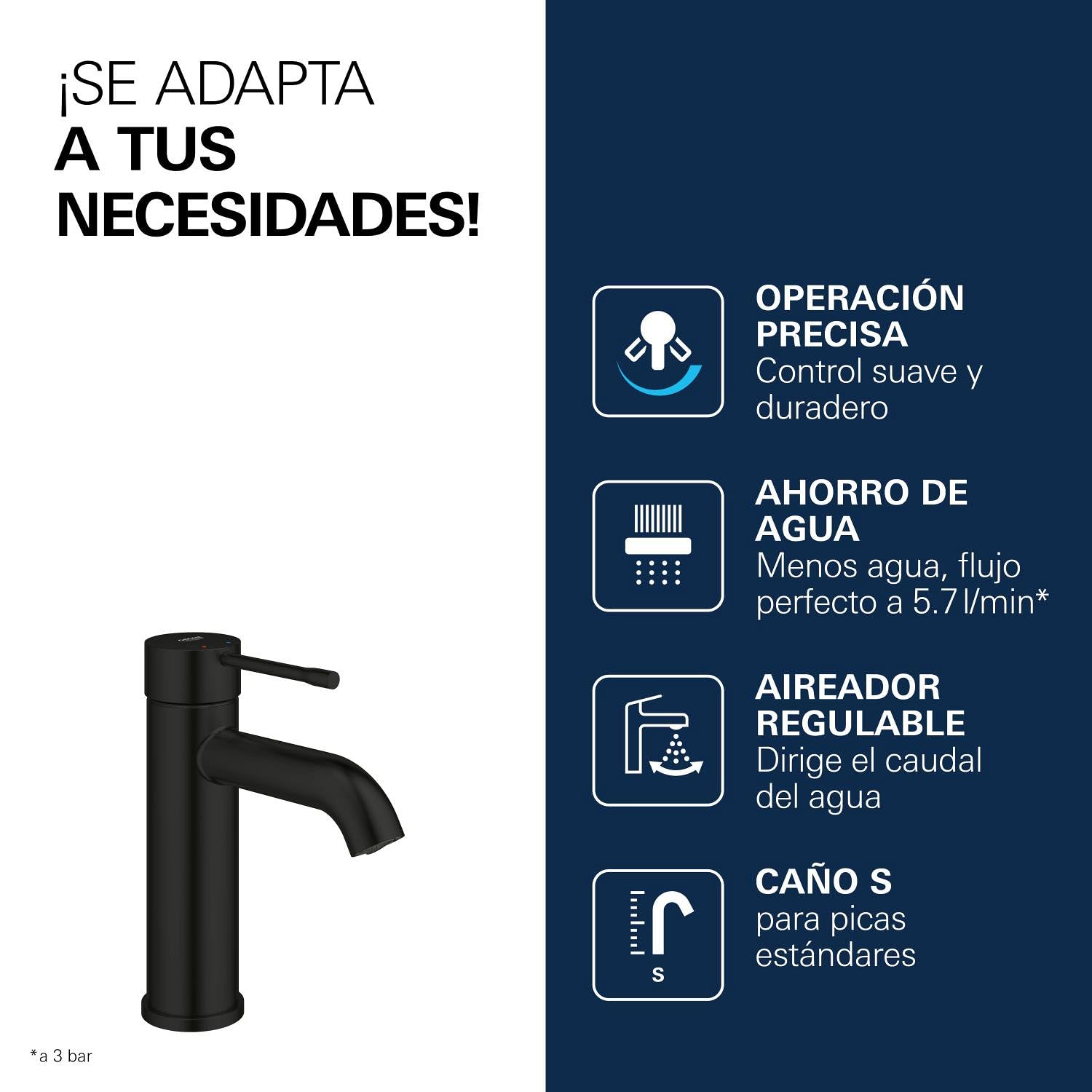 GROHE Essence – Grifo Monomando de Lavabo de Cuerpo Liso (Tamaño S 208 mm, Palanca Metálica, Cartucho Cerámico de 28 mm, Ahorro de Agua, Flexibles 3/8"), Negro Mate, 235902431