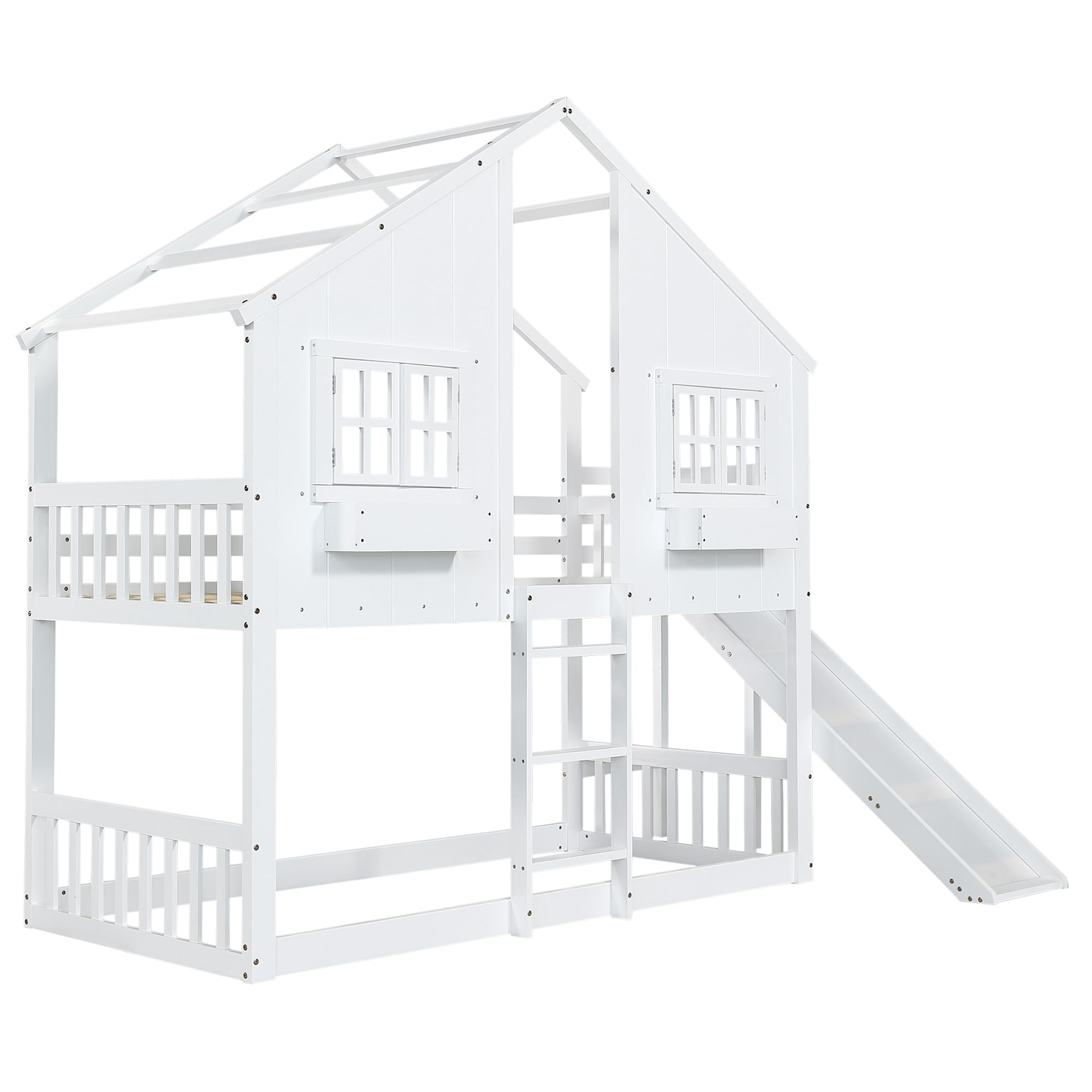 Etagenbett 90x200 cm, Kinderbett mit Rutsche, Kinder Hochbett mit Dach und Fenster, mit Fallschutzgitter Dreistufiger Leiter, Kiefer+MDF, ohne Matratze, Weiß