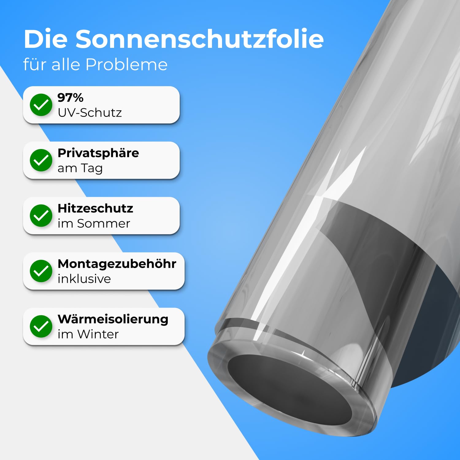 UV Sonnenschutzfolie für Fenster Innen & Außen – Blickdichte Fensterfolie als Sonnenschutz Folie – Selbstklebende Hitzeschutzfolie für Fenster Außen & Innen für Sommer – 90 x 200 cm